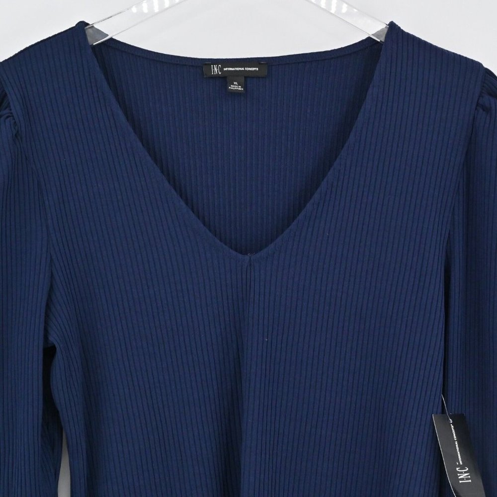 NEW INC INTERNATIONAL CONCEPTS Womens Navy Ribbed Puff Sleeve Top V-Neck Size XL - Picture 3 of 10